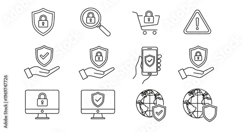 Collection of security and protection icons, featuring shields, checkmarks, magnifying glass, shopping cart, warning sign, hand, mobile phone, computer monitor, and globe
