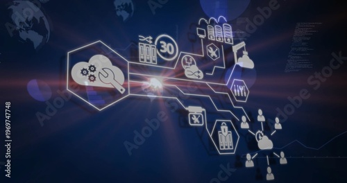 Glowing IT network connecting on dashboard, showing cloud-wrench hexagon, padlock, user nodes