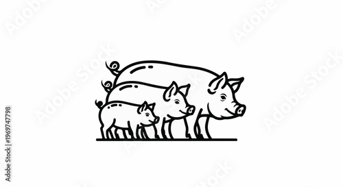 Stylized black line drawing of three pigs, a family unit, walking forward