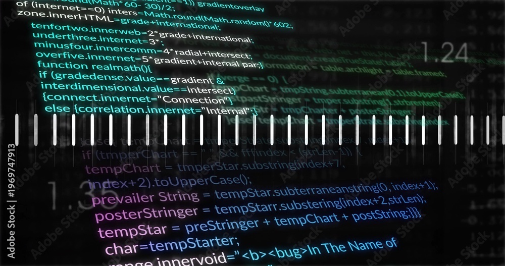 Naklejka premium Displaying centered source code with equalizer bars on dark digital display, showing 1