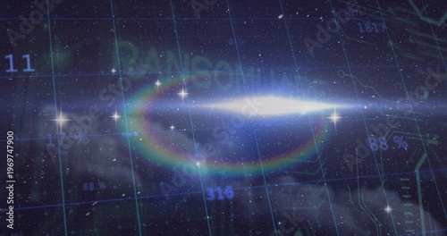 Displaying luminous elongated core glowing in cosmic HUD with rainbow halo, grid, numeric overlays