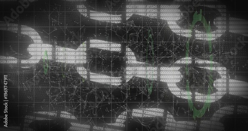 Displaying interlocking chain link graphic over dark tech dashboard, showing code panels and nodes