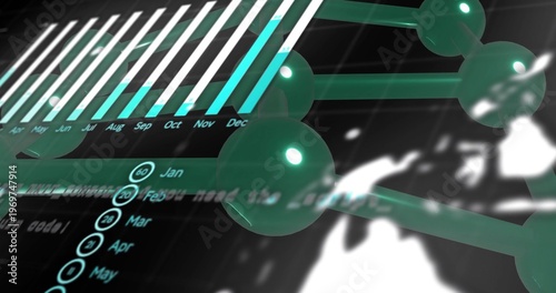 Forming teal spherical nodes connecting with rods on virtual dashboard, showing bar chart and map