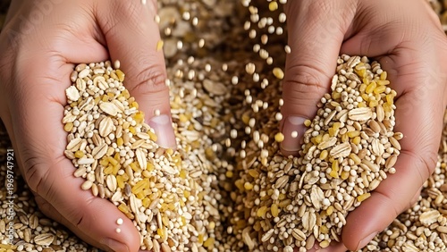 Hands holding and releasing a nutrient rich mixture of seeds and grains