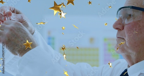 Examining vial, scientist in lab coat dark-tie goggles with chart and gold-stars in lab, copy space