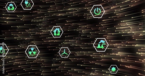 Animating hex eco icons floating across dark digital dash, with recycling, plug, power icons
