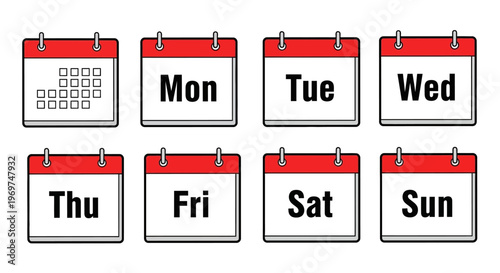 A colorful collection of calendar illustrations, showcasing days of the week and a blank grid, perfect for scheduling and planning purposes