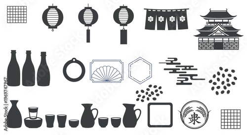 Japanese culture symbols including traditional buildings, lanterns, sake bottles, cups, and decorative elements