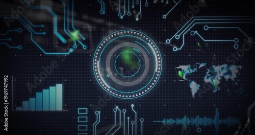 Displaying central HUD projecting on dark grid, with circuit traces, bar chart, world map