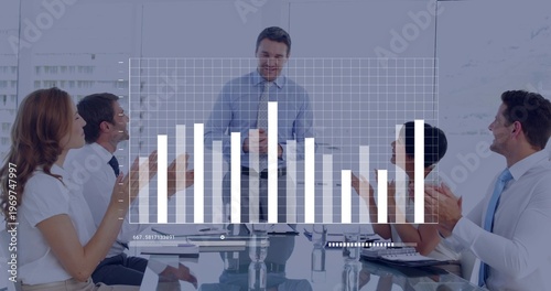 Presenting man wearing blue shirt leading meeting in glass conference room with bar chart overlay