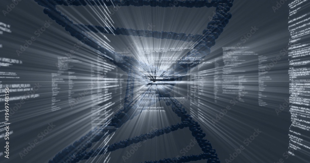 Fototapeta premium Spiraling stylized DNA helix moving through virtual data tunnel, showing floating code columns