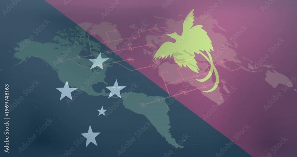 Fototapeta premium Showing diagonal teal-purple split with Americas map, five pale stars, lime palm-tree emblem, nodes