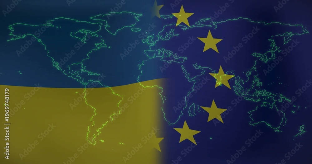Obraz premium Showing split design placing neon-green map over Ukrainian blue-yellow left and EU star right seam