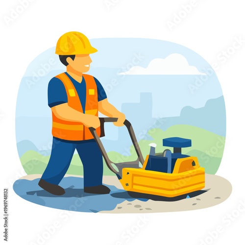 Construction worker using plate compactor machine to level ground, representing road work, foundation preparation and heavy equipment usage.