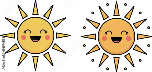 Cute kawaii sun character set with happy smiling faces and rosy cheeks for summer weather children education and sticker design vector