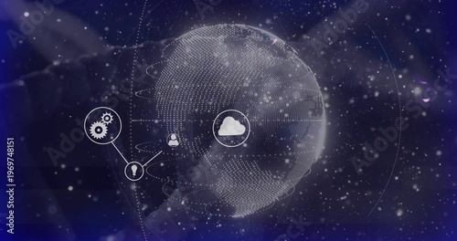 Displaying large dotted globe rotating in deep space, showing cloud, gear, idea, user icons