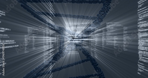 Spiraling stylized DNA helix moving through virtual data tunnel, showing floating code columns