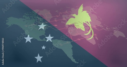 Showing diagonal teal-purple split with Americas map, five pale stars, lime palm-tree emblem, nodes