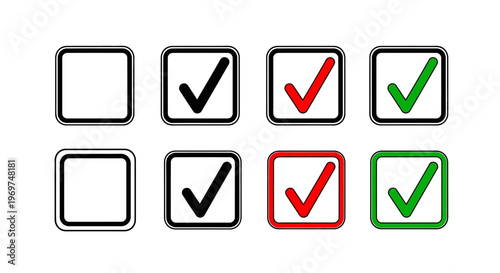 Versatile Set of Checkbox Icons with Different States and Colors for User Interface Design, Selection, Voting, and Task Completion