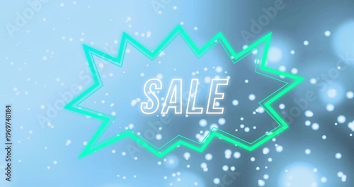 Showing neon-green jagged starburst on soft blue blur, word SALE in white outlined caps with bokeh