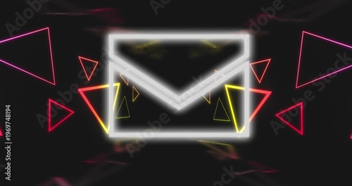 Glowing white envelope floating in dark void amid colorful neon triangles, soft glow, light streaks