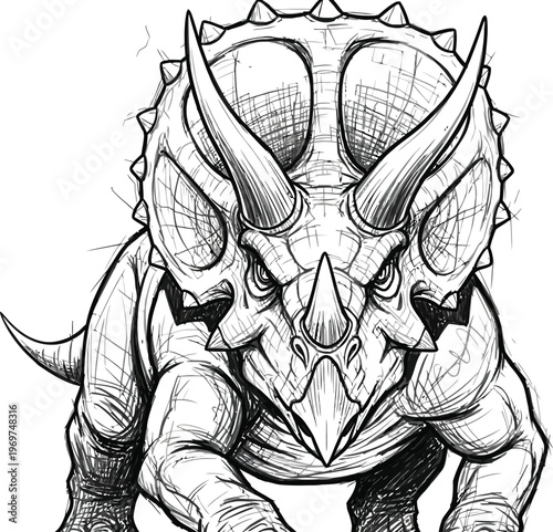Dinosaur, Triceratops, Skull, Black and White, Vector Illustration, Animal, Monster, Fantasy Creature
