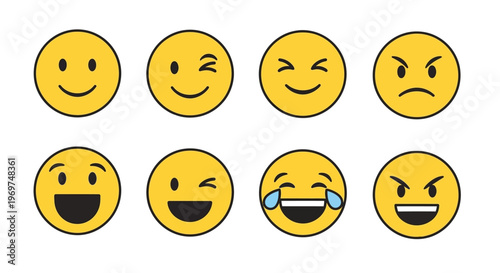 Collection of various expressive emoji faces conveying happiness, winking, amusement, and anger, presented as icons