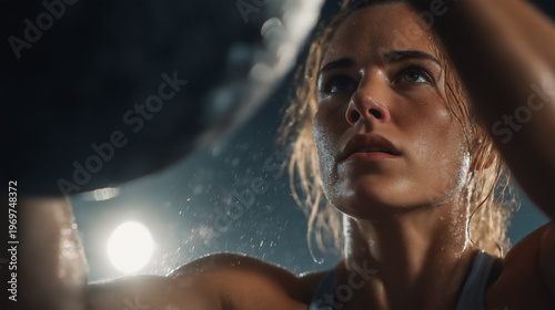 Female Athlete Performing Wall Ball Exercise in HYROX Training Gym.