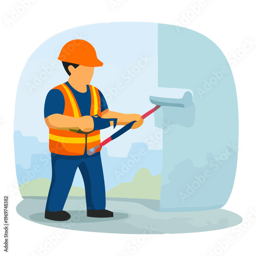 Flat illustration of construction worker demolishing wall using sledgehammer, representing renovation, demolition work and heavy manual labor.