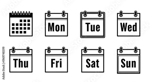 A collection of calendar icons, including a full grid calendar and individual days of the week from Monday to Sunday, useful for scheduling and organization