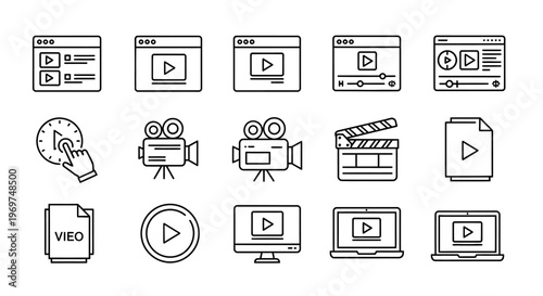 Set of video player icons, including play buttons, editing tools, and screens, perfect for web and app design