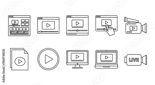 Linear outline icons for video content creation, digital media streaming, online playback, broadcasting, and multimedia applications, perfect for web and mobile design