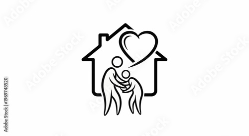 Stylized house icon with two figures and a heart above