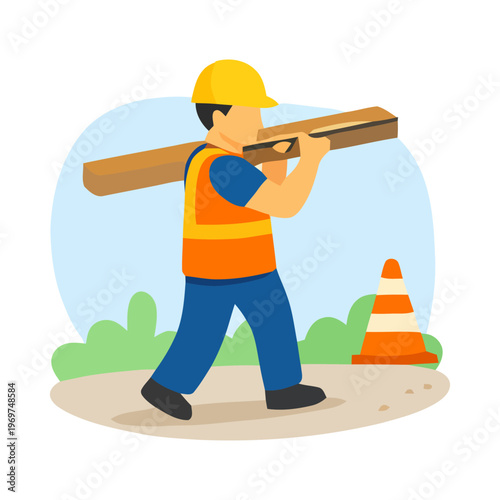 Construction worker transporting long wooden plank on shoulder, moving materials across site for building or carpentry tasks.