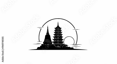 Stylized black silhouette of ancient Asian temples and pagodas