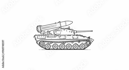 Stylized line drawing of a tracked vehicle with a missile launcher