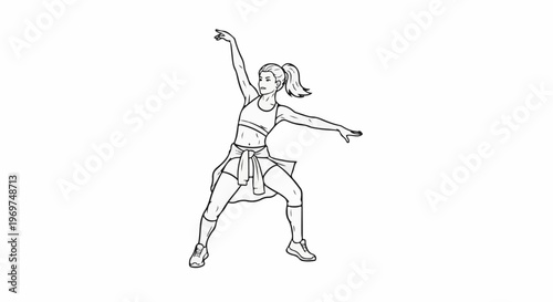 Stylized line drawing of a woman in athletic wear, mid-dance pose