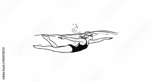 Stylized line drawing of a woman swimming underwater with bubbles
