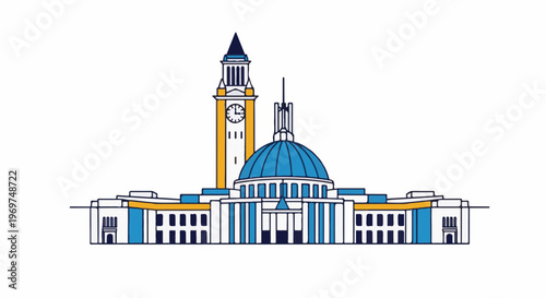 Stylized building with a dome and clock tower