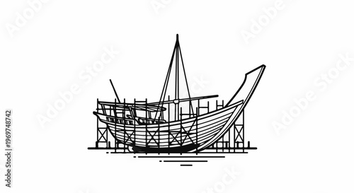 Stylized line drawing of a wooden dhow on scaffolding
