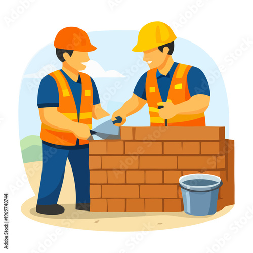 Two construction workers laying bricks and applying mortar, building a wall with precision and teamwork on a job site.