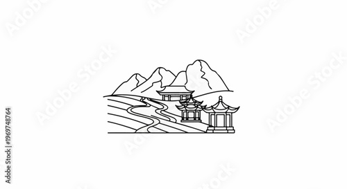 Stylized line drawing of an Asian landscape with pagodas and mountains
