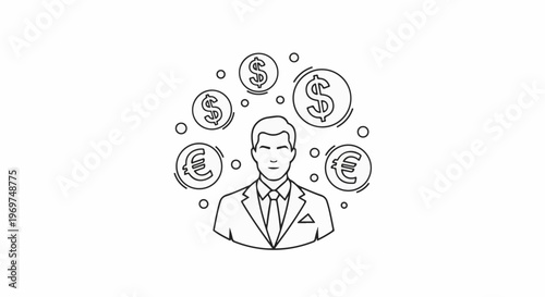 Stylized businessman surrounded by floating currency symbols like dollars and euros