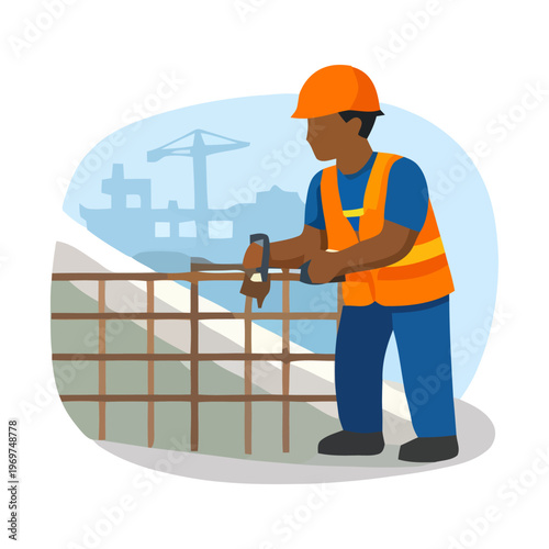 Construction worker cutting steel reinforcement bars using hand tool, preparing materials for reinforced concrete structure at building site.