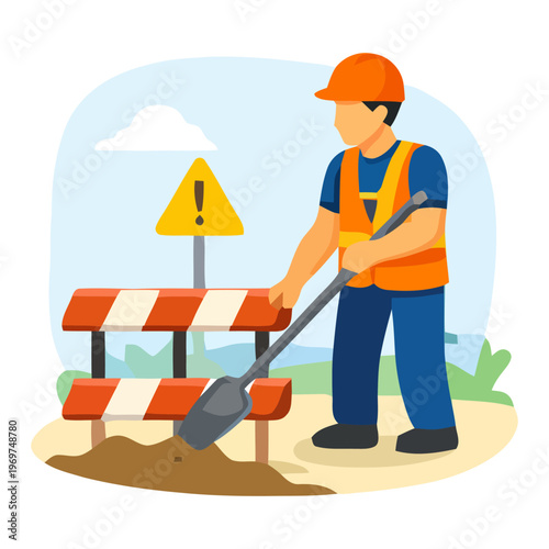 Builder in safety vest placing traffic barrier and warning sign, preparing roadwork zone for safe construction operations outdoors.