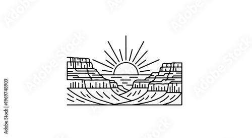 Stylized linear depiction of a sun setting over a river in a grand canyon