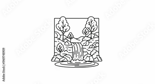 Stylized linear illustration of a serene waterfall cascading into a pool