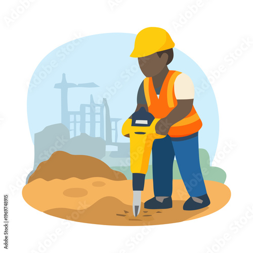 Construction worker operates jackhammer to break concrete ground, illustrating heavy labor and roadwork activity on site.
