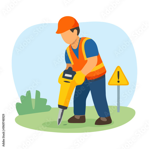 Builder in safety vest uses jackhammer near caution sign, emphasizing workplace safety and road maintenance operations outdoors.