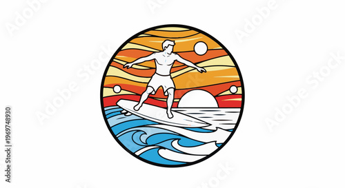 Surfer riding a wave at sunset with colorful sky and multiple moons
